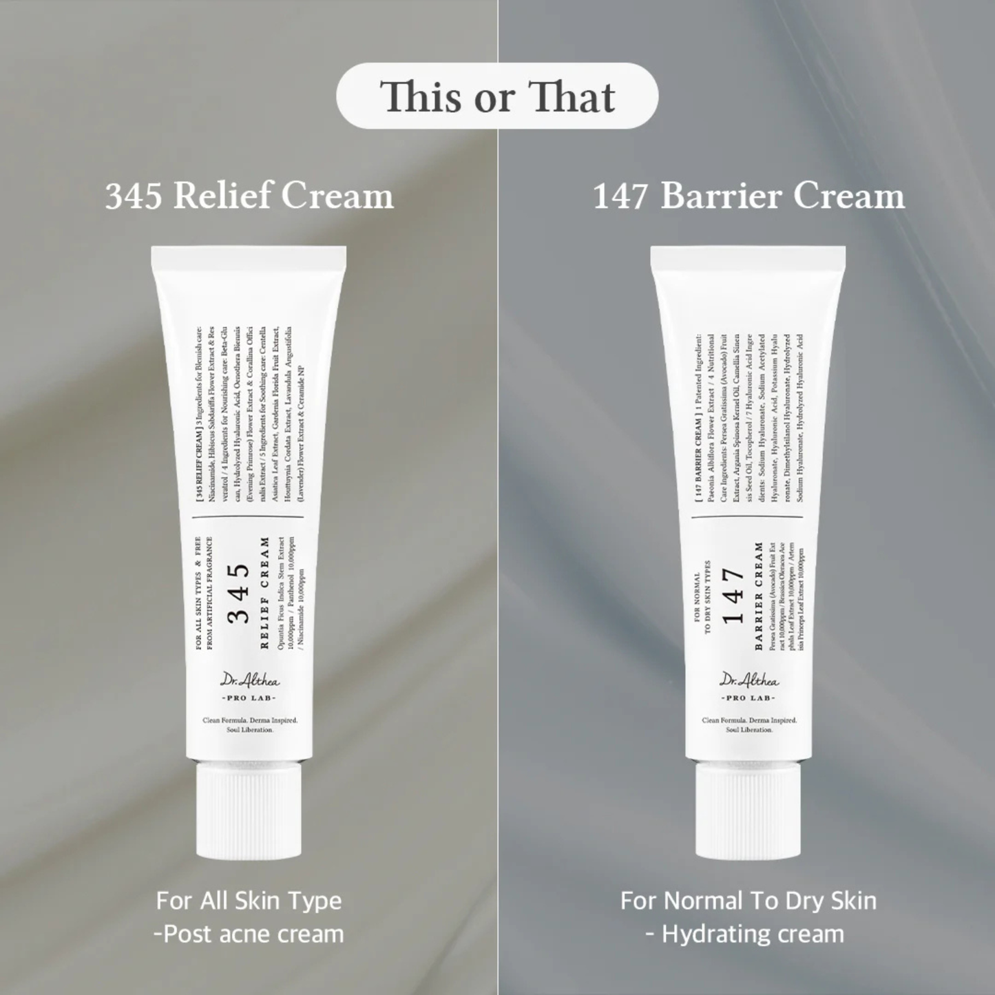 Two tubes of Dr.Althea Cream labeled '345 Relief Cream' and '147 Barrier Cream' on a gradient background indicating which skin type each product is suited to