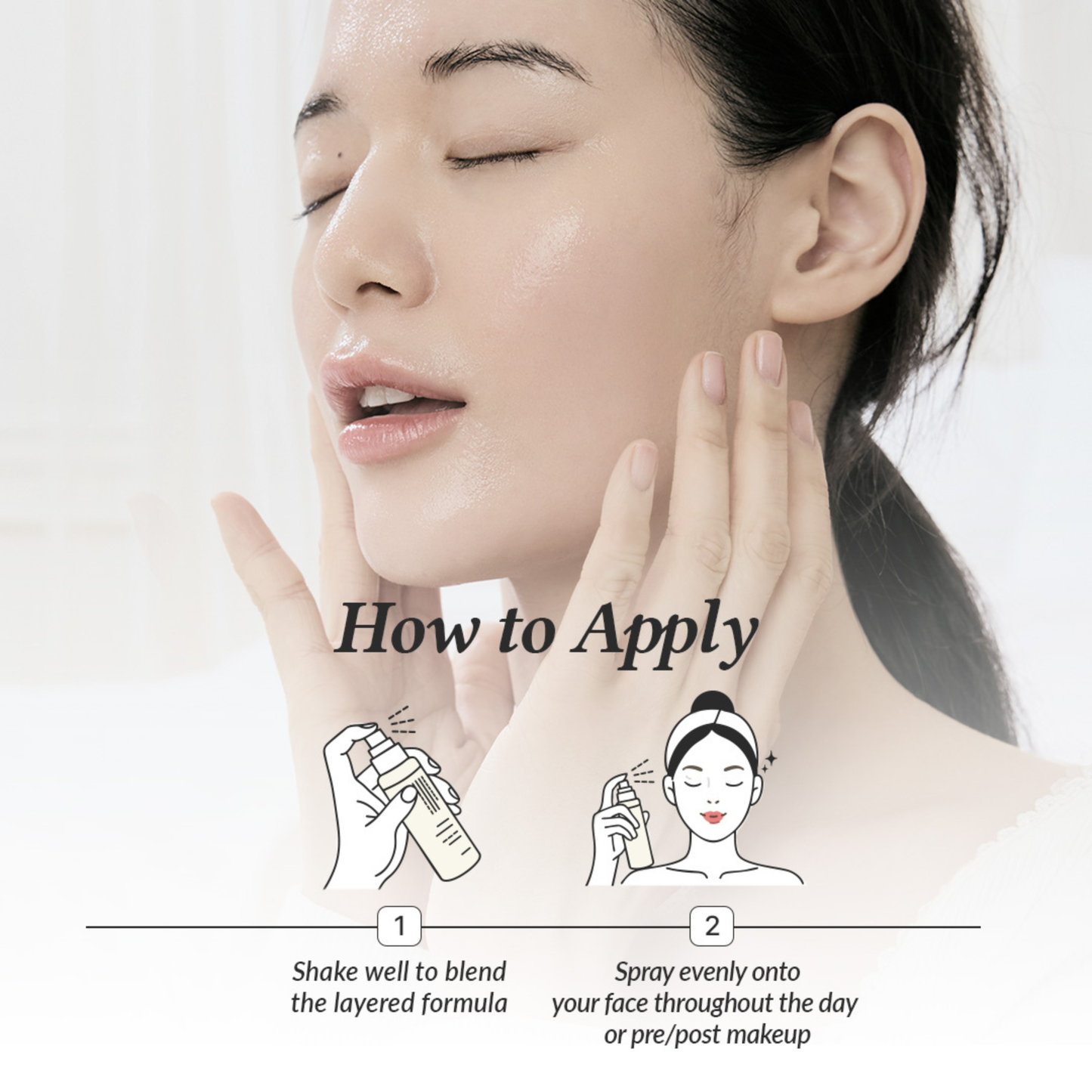 Woman applying Dr. Althea 345 Relief Cream Mist with instructions on how to use it.