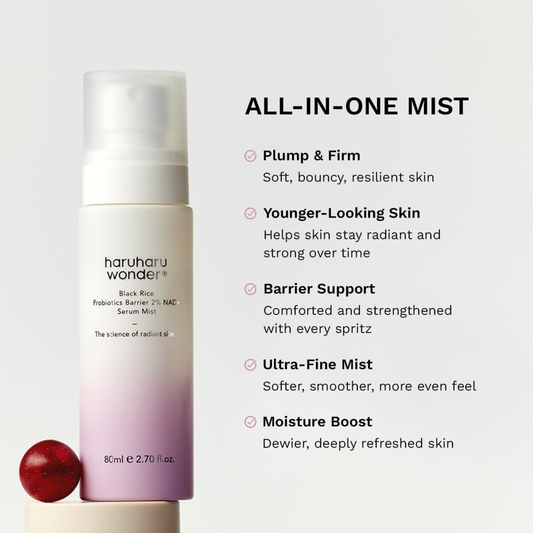 Haruharu Wonder Black Rice Probiotics Barrier 2% NAD+ Serum Mist with text on its benefits stating it is a "all-in-one" mist.