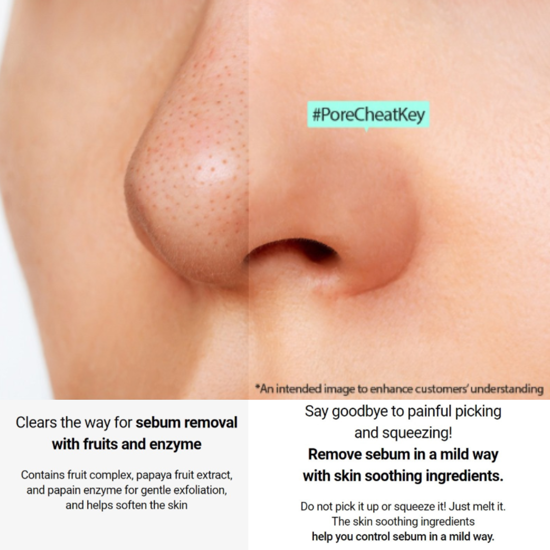 Close-up of a nose with pores, featuring text about sebum and blackhead removal by ILSO Super Melting Sebum Softner