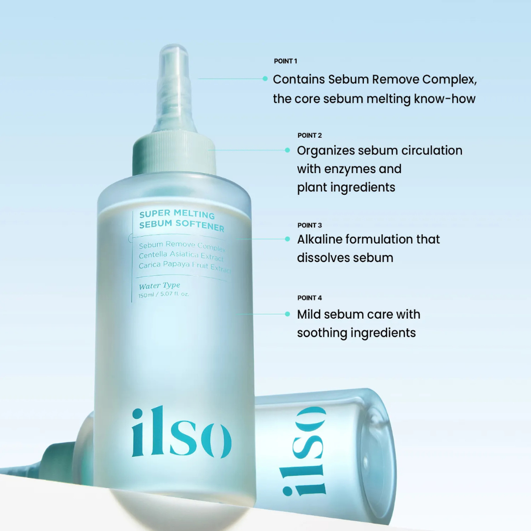 ILSO Super Melting Sebum Softner product with text on a light blue background