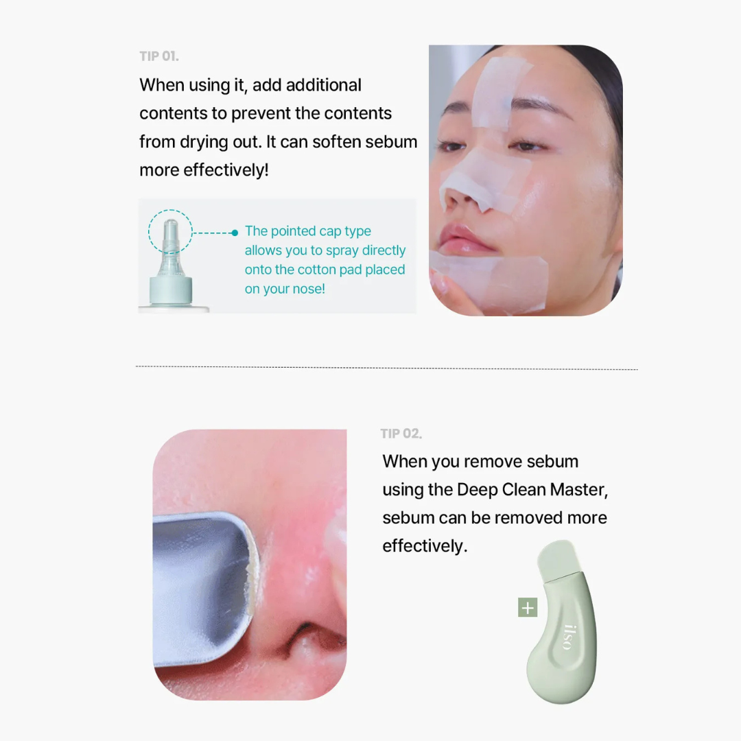 Product instructions for ILSO Super Melting Sebum Softner use with text and images of a face and nose.