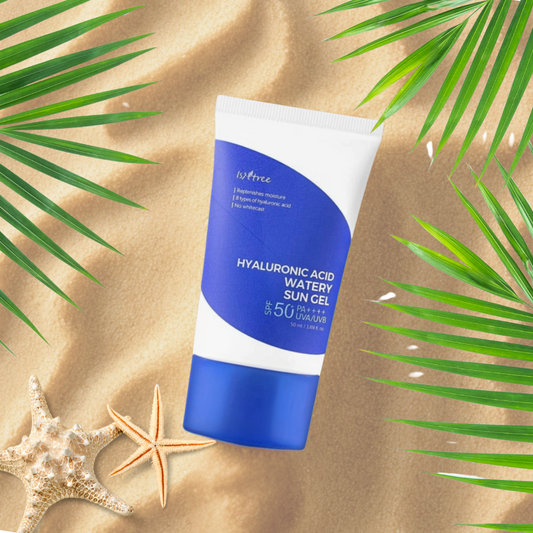 Styled image of Isntree Hyaluronic Acid Watery Sun Gel SPF 50+ PA++++ on a sandy beach with sea stars and leaves