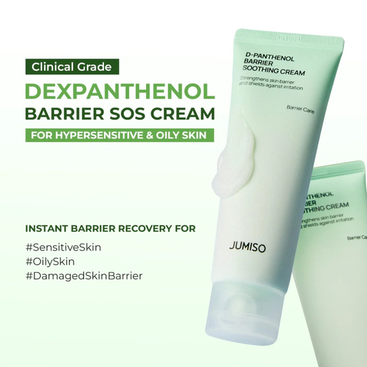 Jumiso D-Panthenol Barrier Soothing Cream on a white background with green text stating instant barrier recovery.