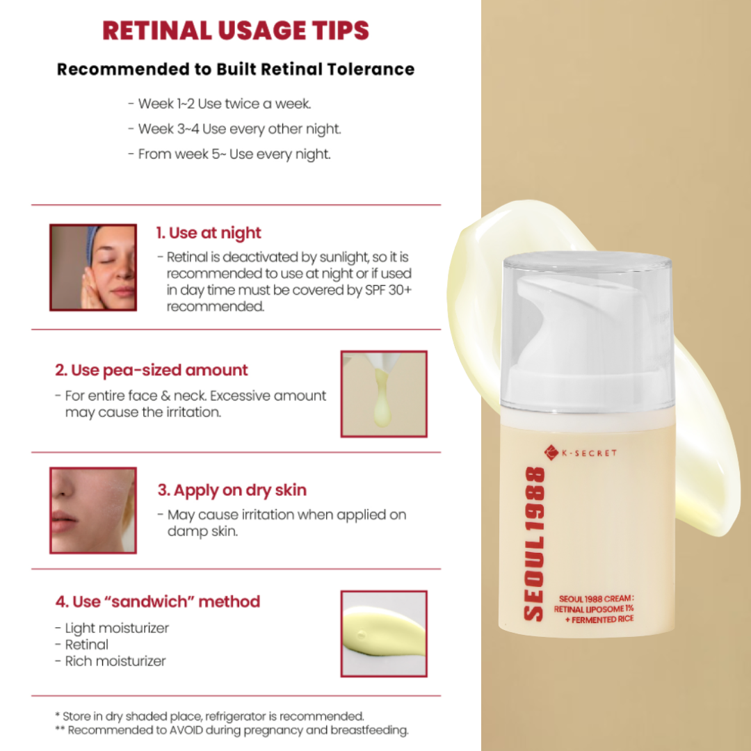 Instructions for using retinal cream with a bottle of K-SECRET Seoul 1988 Cream: Retinal Liposome 1% + Fermented Rice on a beige background