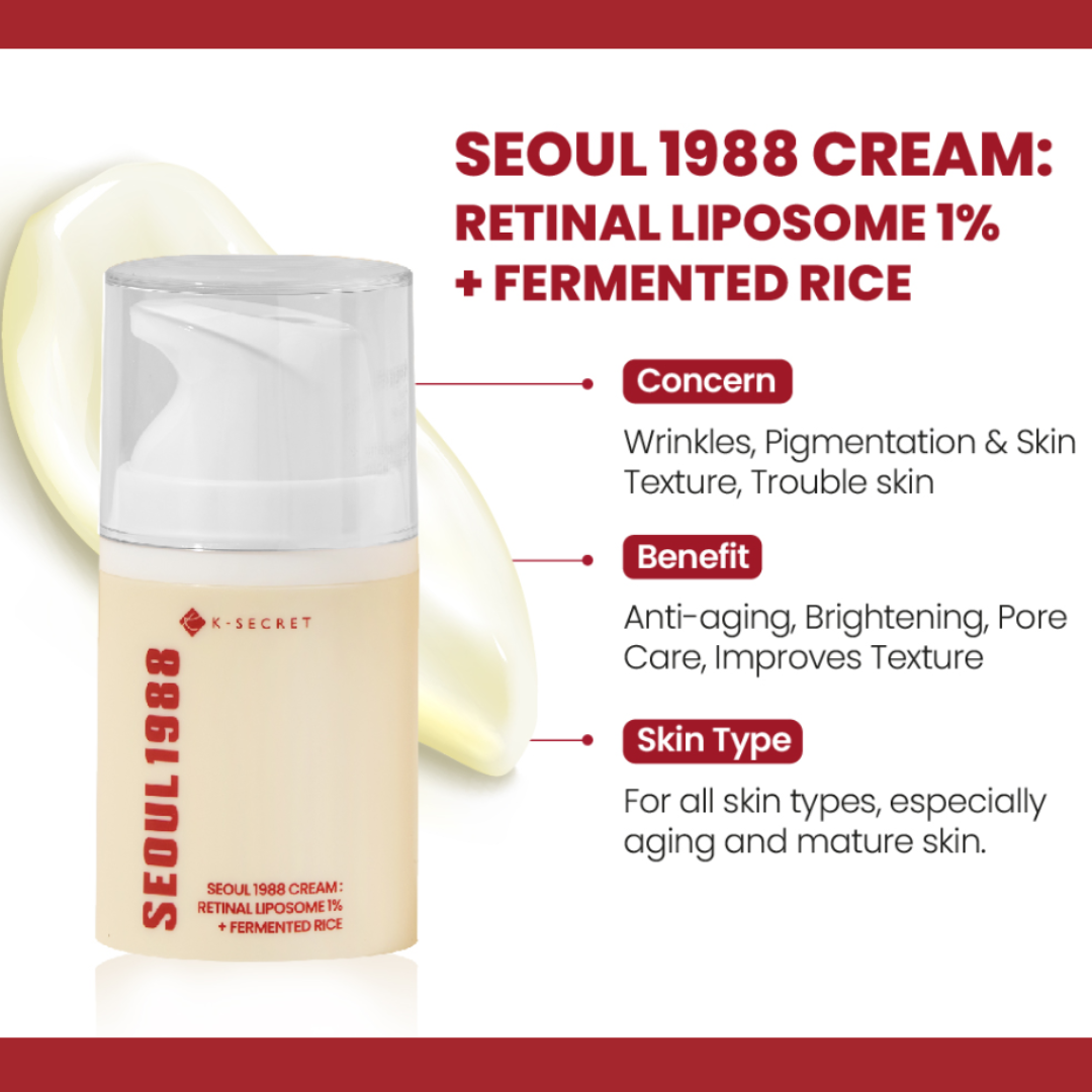 K-SECRET Seoul 1988 Cream: Retinal Liposome 1% + Fermented Rice bottle with product details, concerns addressed, benefits and skin types on a white background