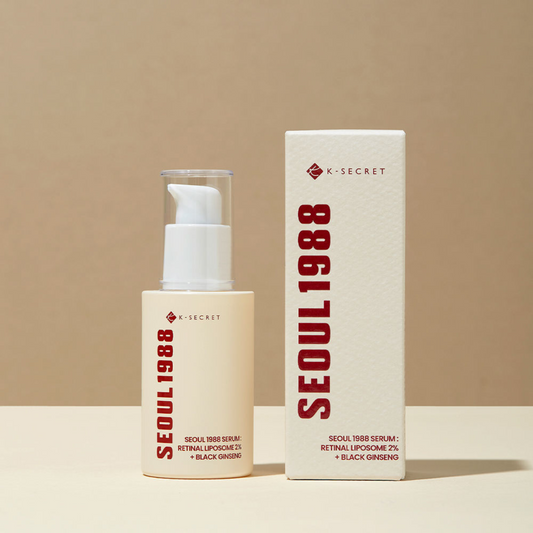 K-SECRET Seoul 1988 skincare serum bottle and packaging on a beige background