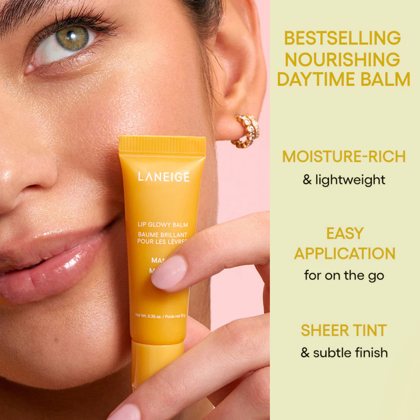 Laneige lip balm being held by a hand with promotional text on a light yellow background