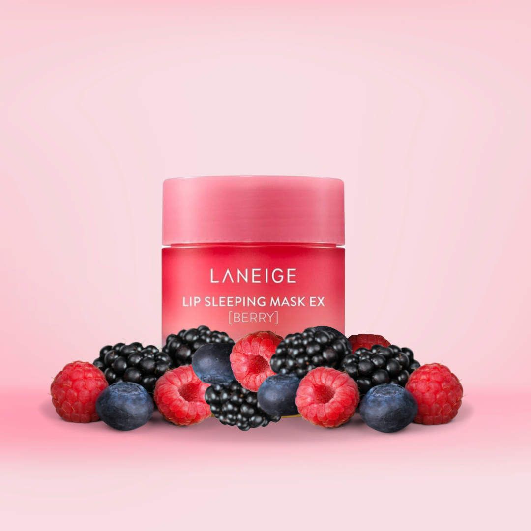 LANEIGE Lip Sleeping Mask_EX (Berry) on a bed of berries with a pink background