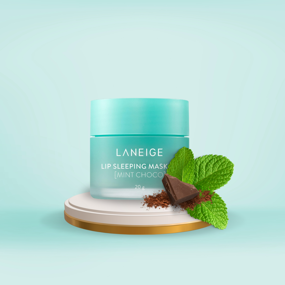 LANEIGE Lip Sleeping Mask_EX (Mint Choco) with mint leaves and chocolate pieces on a light blue background