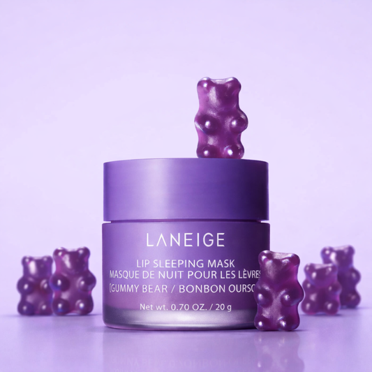 Laneige lip sleeping mask with purple gummy bears on a light purple background