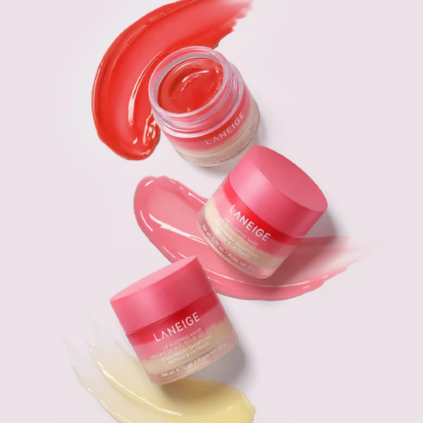 LANEIGE Lip Sleeping Mask Strawberry Shortcake products on a light pink background