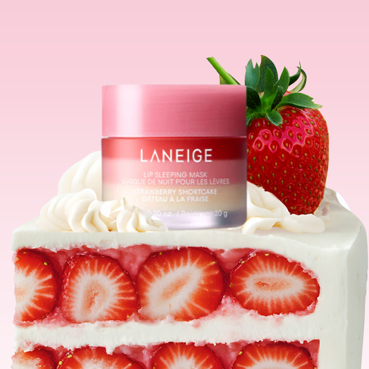 LANEIGE Lip Sleeping Mask Strawberry Shortcake flavour saton a strawberry shortcake with icing on a light pink background