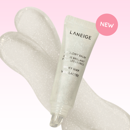 LANEIGE Lip Glowy Balm (Milky Way) with sparkly lip gloss on a pink background