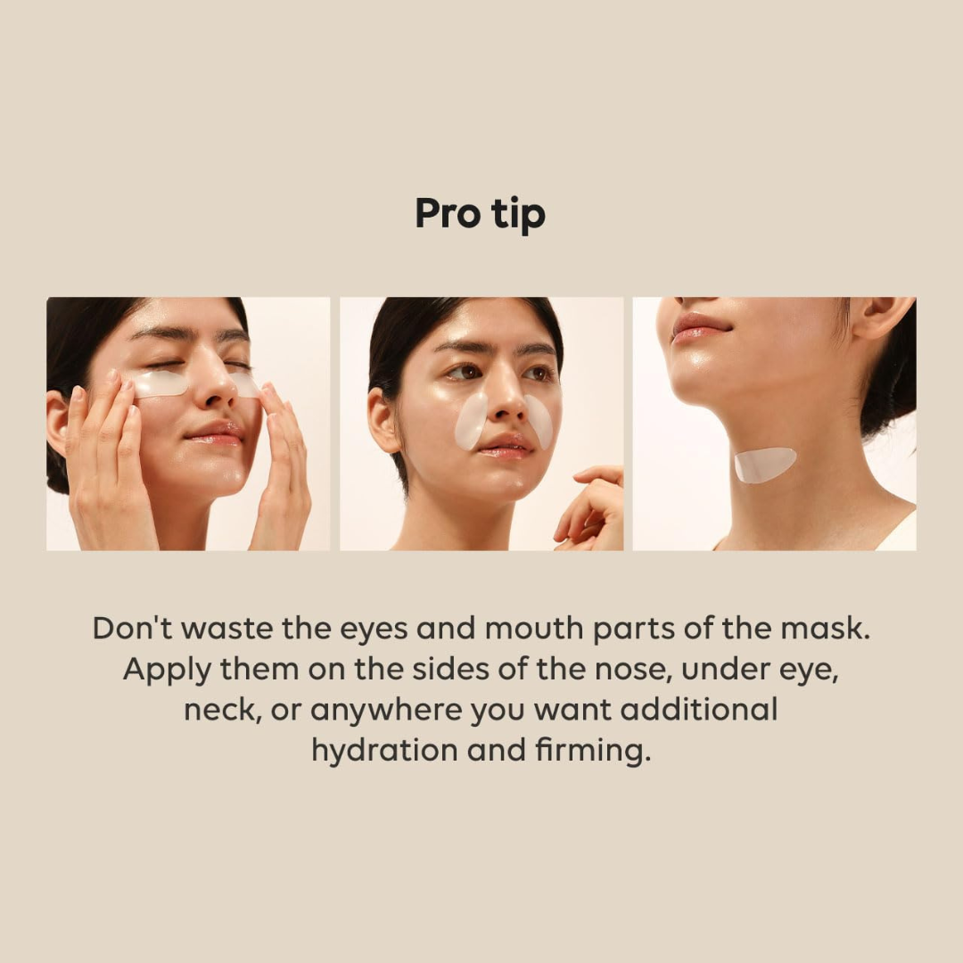 Instructions on applying Biodance Bio‑Collagen Real Deep Mask with text overlay on a beige background