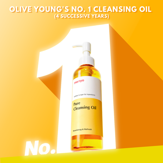 A bottle of Olive Young's No. 1 Cleansing Oil by maritoyo, featuring a white pump and a white label with yellow text, set against a bold yellow and orange graphic background with a large number 1.