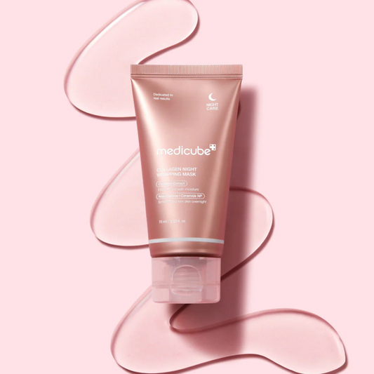 Medicube Collagen Night Wrapping Mask on a pink background with gel swirl