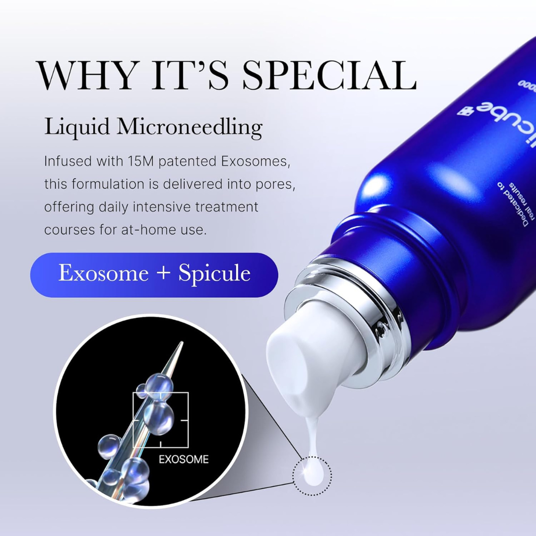 Medicube One Day Exosome Shot Pore Ampoule 2000 with white serum being dispensed, labeled 'Exosome + Spicule' on a light gray background.