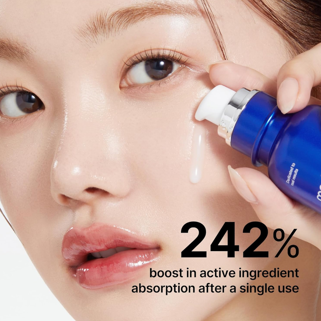 Person applying Medicube One Day Exosome Shot Pore Ampoule 2000 to their face with text about active ingredient absorption.