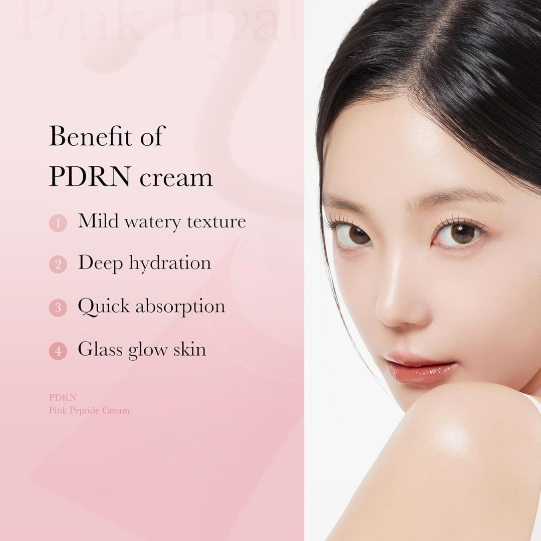 Woman with clear skin and text listing benefits of Medicube PDRN Hyaluronic Moisturizing Cream on a pink background