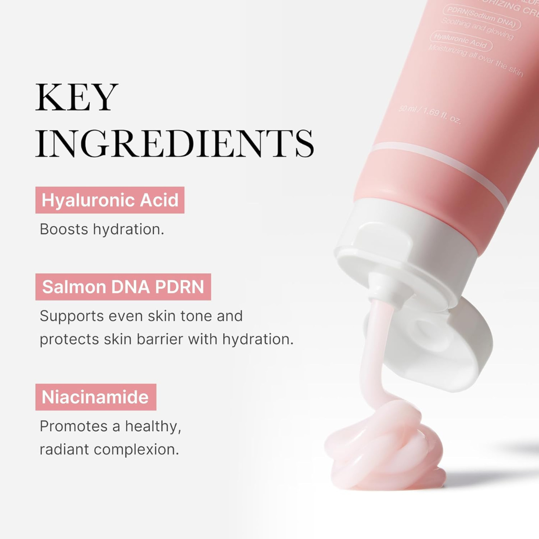 Medicube PDRN Hyaluronic Moisturizing Cream with key ingredients listed on a white background