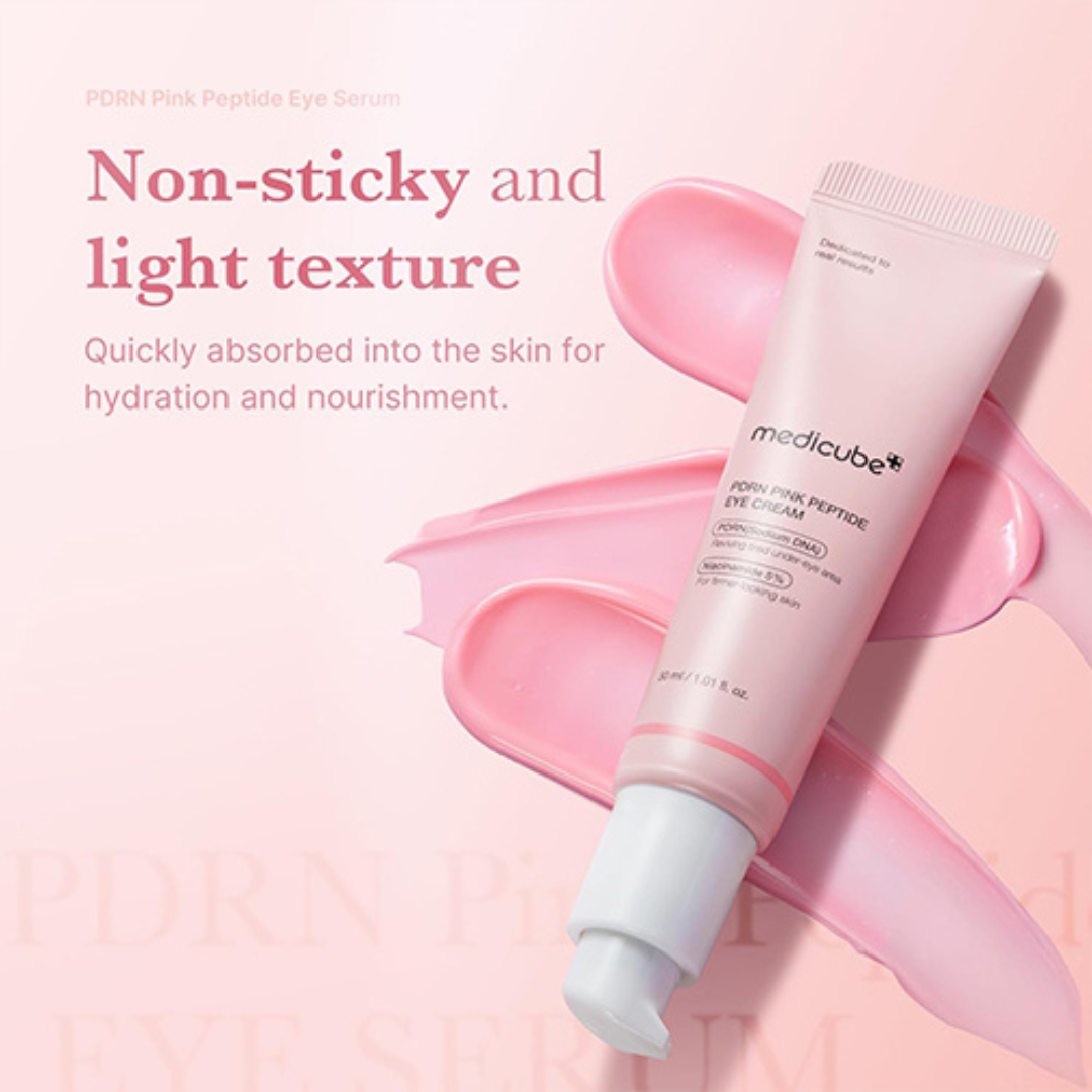 Medicube PDRN Pink Peptide Eye Cream on a pink background with text about non-sticky texture.