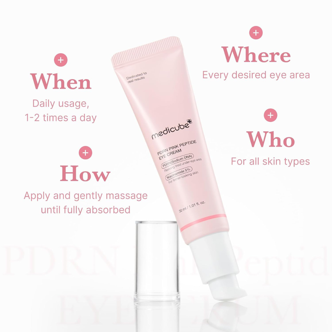 Medicube PDRN Pink Peptide Eye Cream tube with usage instructions on a white background