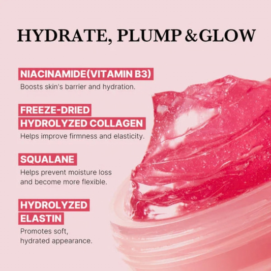 Close up of Medicube Collagen Jelly Cream with text highlighting ingredients and hydrating, plumping, and glowing benefits on a pink background.