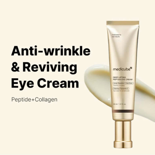 Medicube Deep Lifting Peptide Eye Cream tube on a beige background