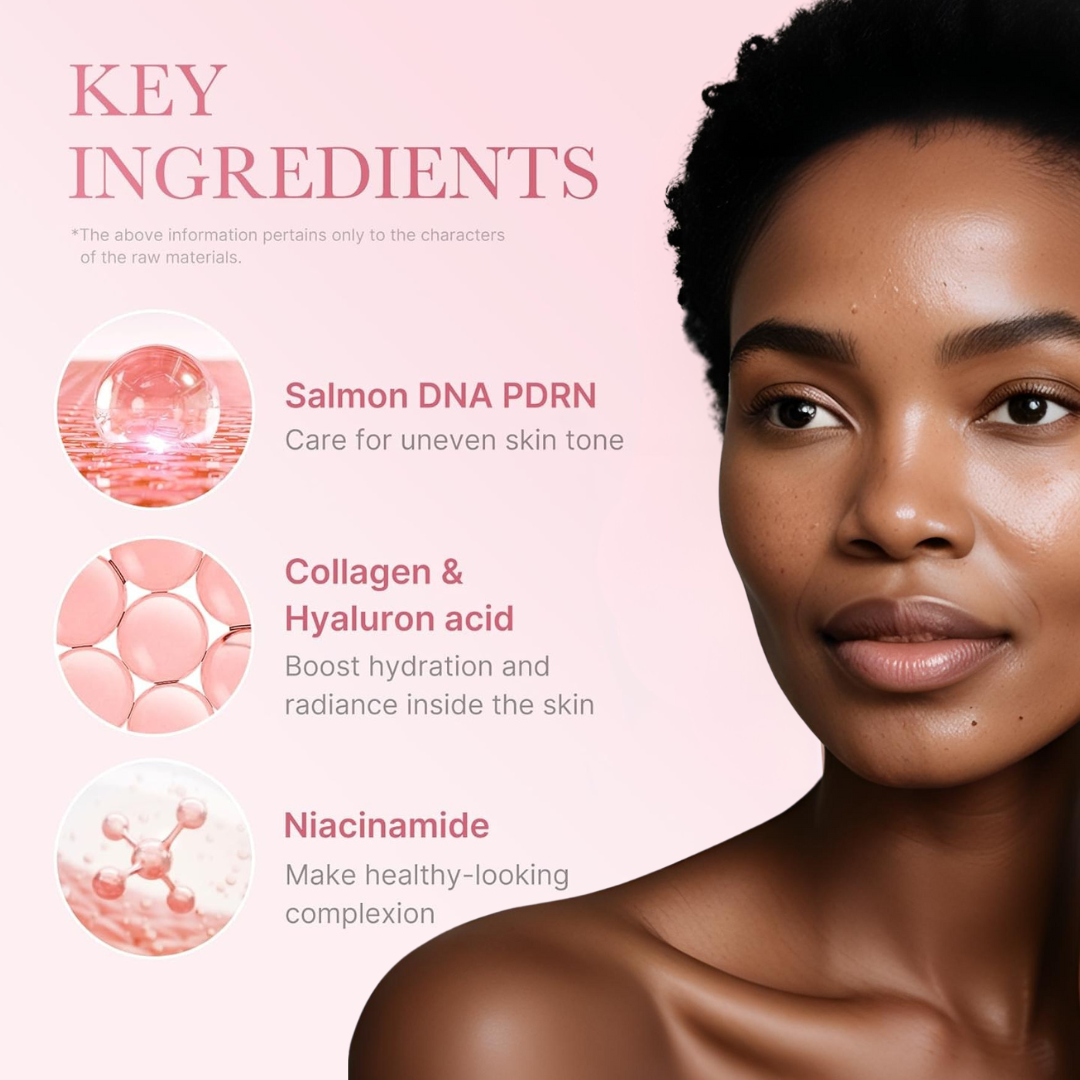 Woman's face with key skincare ingredients displayed on a pink background. Medicube PDRN Pink Collagen Capsule Cream