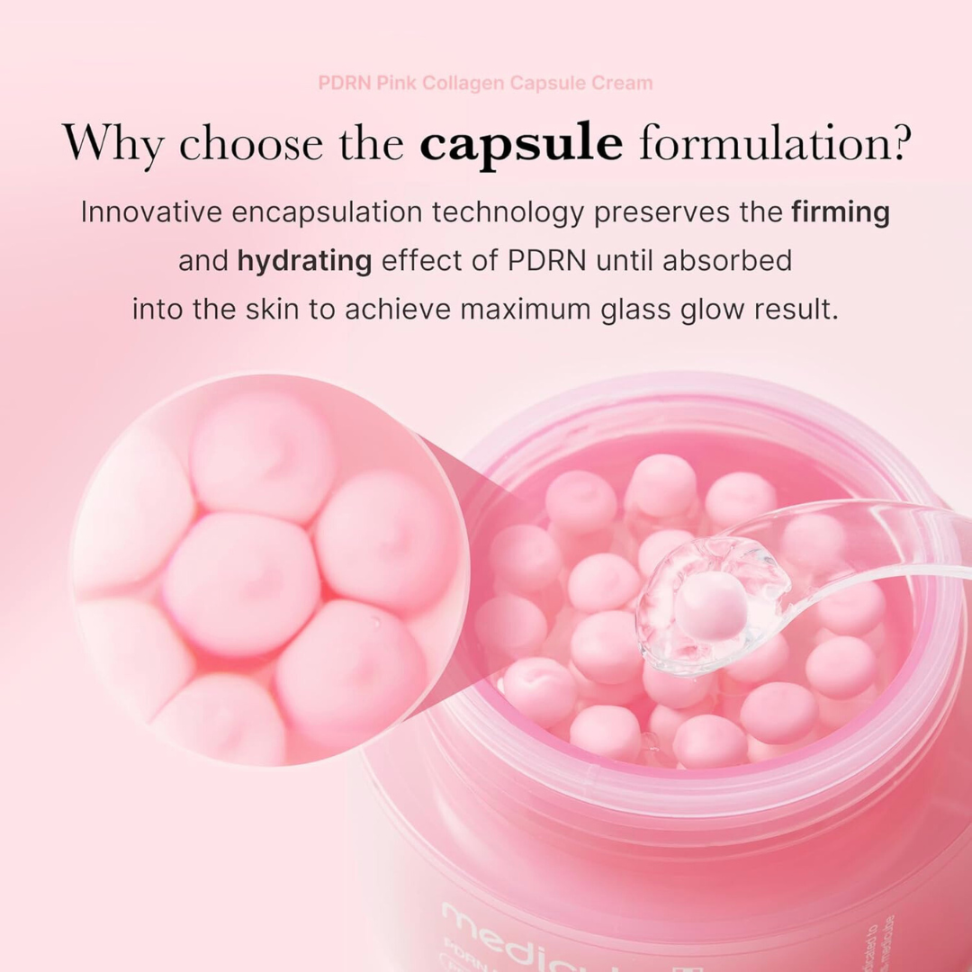 Medicube PDRN Pink Collagen Capsule Cream with pink capsules on a pink background, featuring text about the capsule formulation.