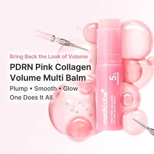 Medicube PDRN Pink Collagen Volume Multi Balm surrounded by translucent pink bubbles and cosmetic applicator tips on a pale pink background with promotional text: Plump, Smooth, Glow, One Does it All