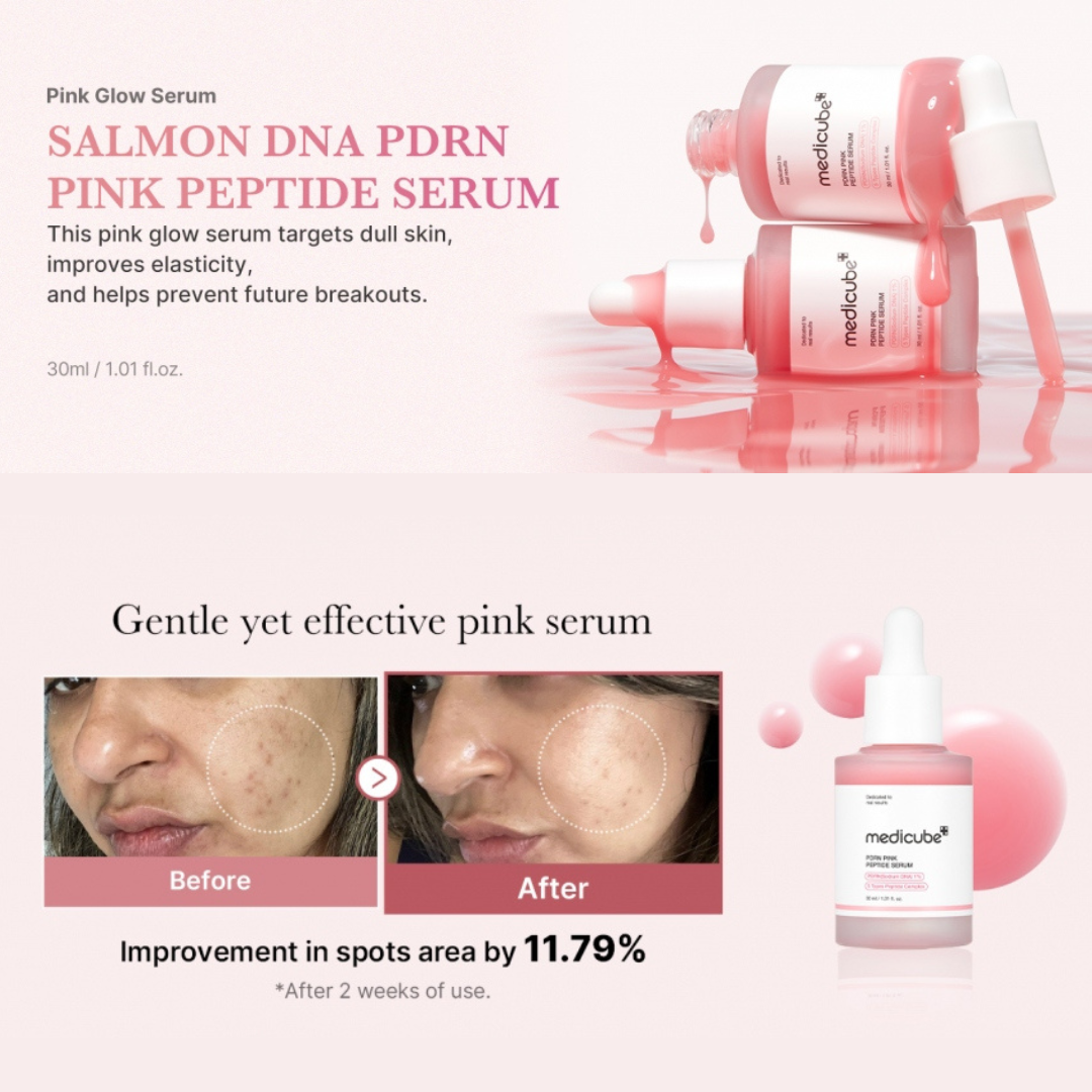 Medicube Salmon DNA PDRN Pink Peptide Serum with before and after effects on skin.