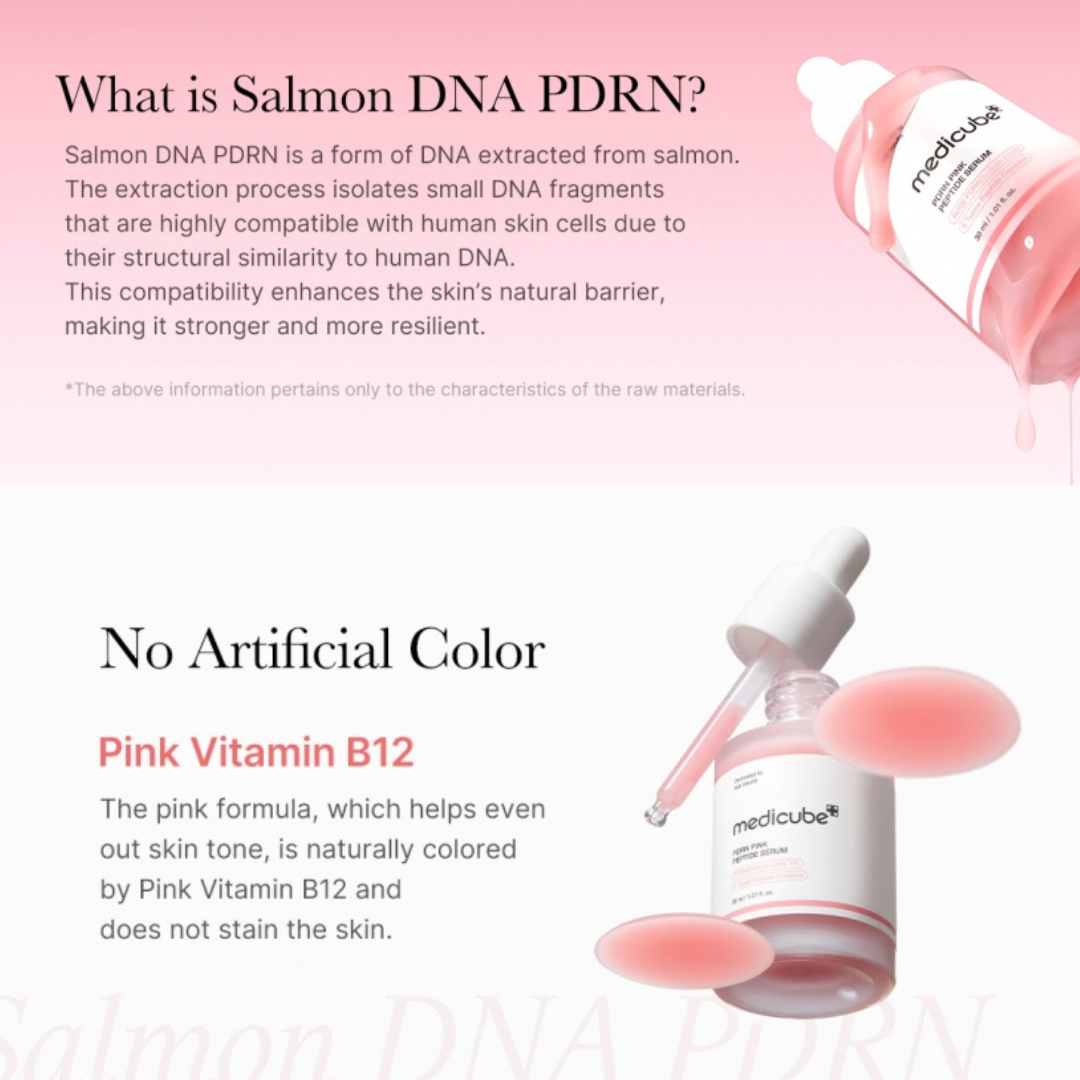 Medicube PDRN Pink Peptide Serum with text about Salmon DNA PDRN and Pink Vitamin B12 on a white background