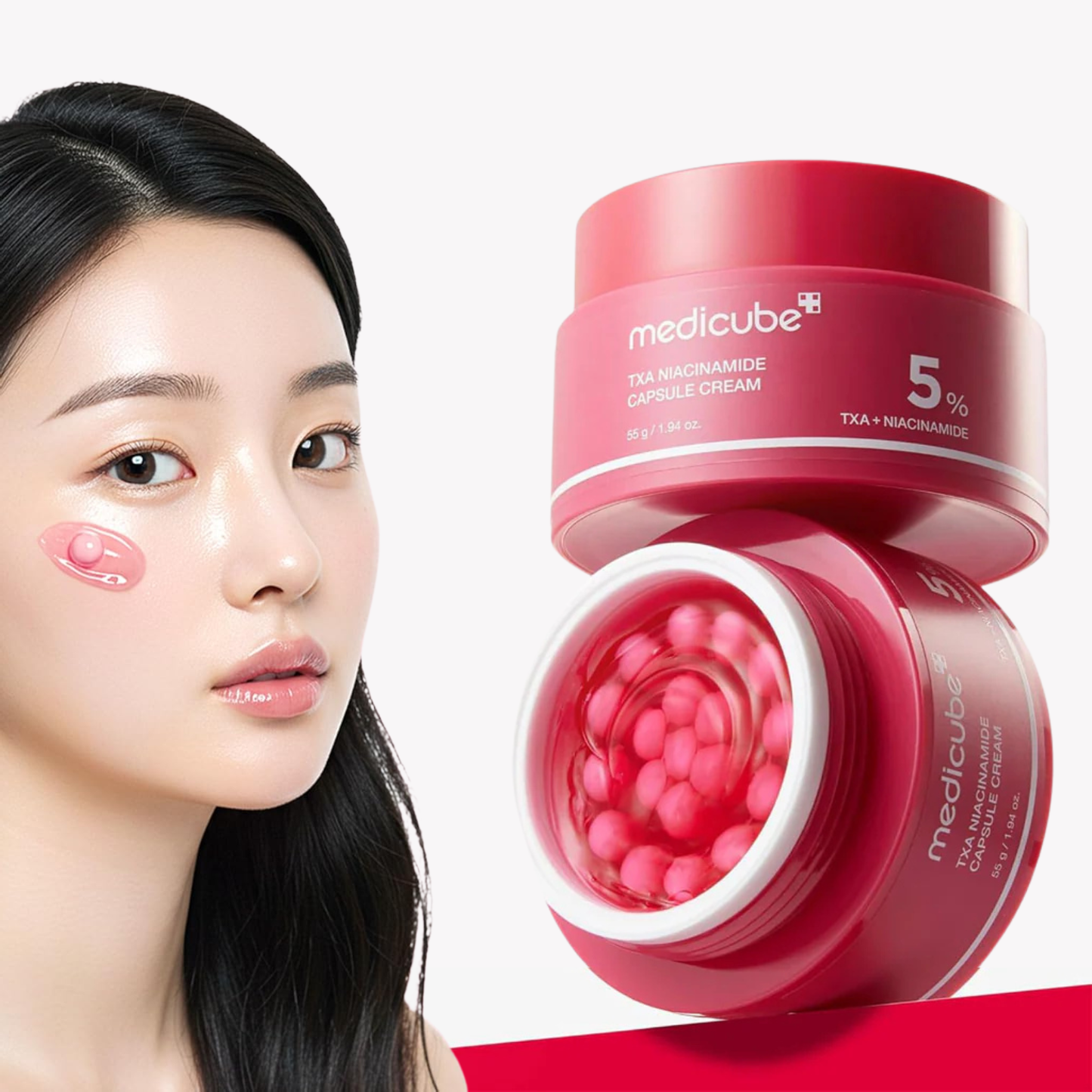 Woman with Medicube TXA Niacinamide Capsule Cream on her cheek next to a red jar of Medicube cream.