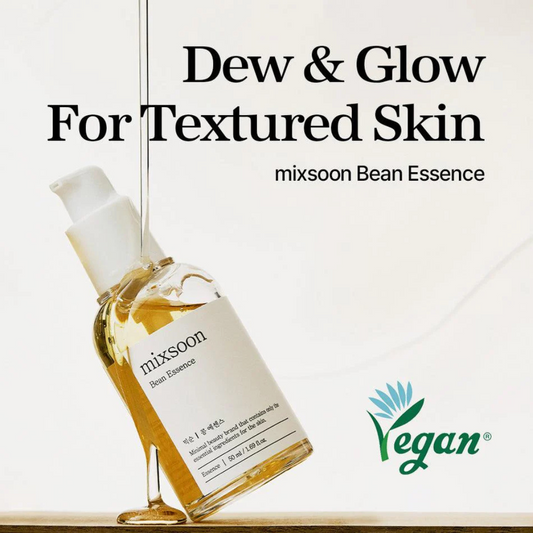 Bottle of mixsoon Bean Essence with 'Dew & Glow For Textured Skin' text and Vegan certification logo on a white background.