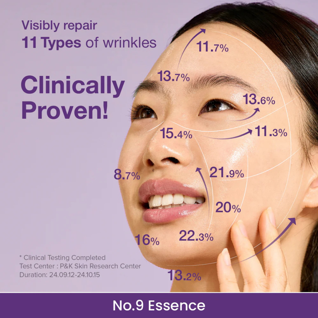Woman's face with shown wrinkles and percentages of wrinkle reduction, against a purple background with text about clinically proven wrinkle repair. Numbuzin No.9 NAD Bio Lifting Essence