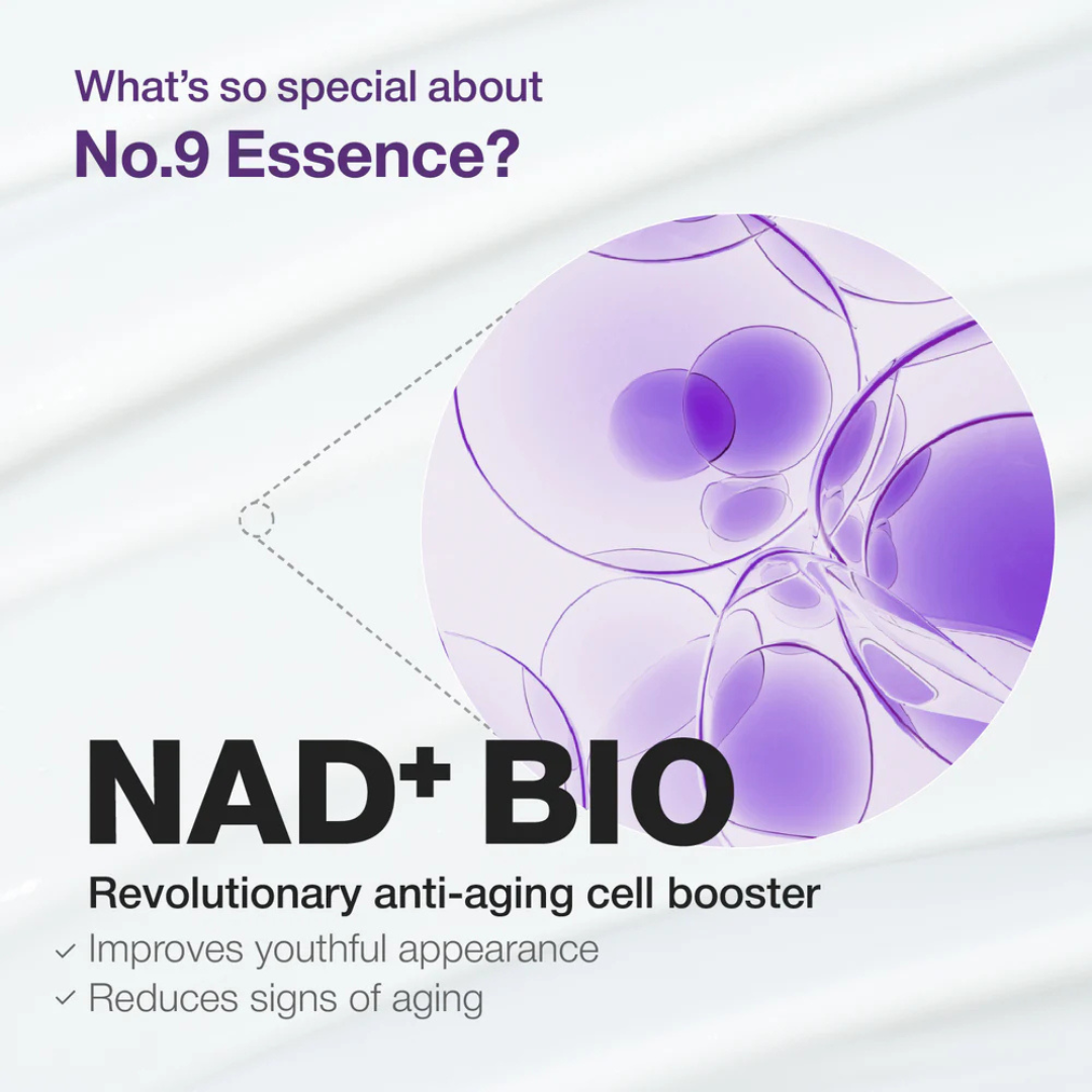 Advertisement for Numbuzin No.9 NAD Bio Lifting Essence with NAD+ BIO technology on a light gray background