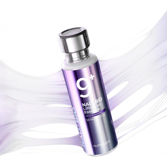Numbuzin No.9 NAD Bio Lifting Essence Purple skincare bottle with silver cap on a white background