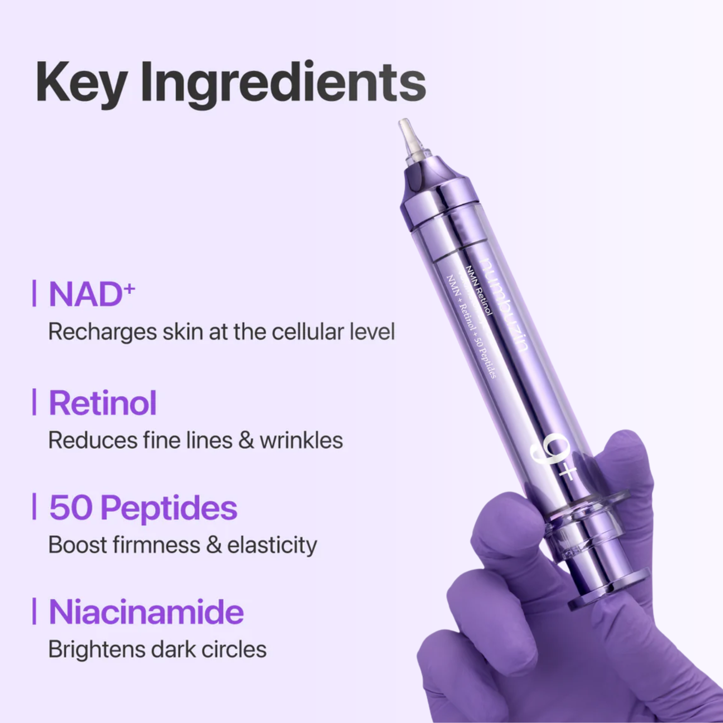 Hand in purple glove holding a Numbuzin No.9 NAD+ Retinol Volumetox Eye Cream with text on the key ingredients