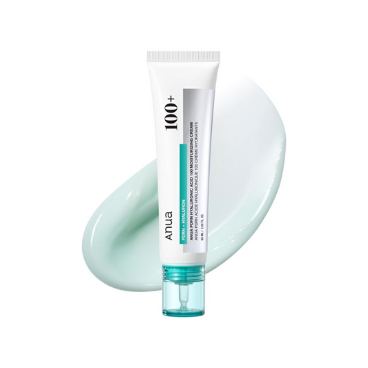 Skincare tube labeled Anua PDRN Hyaluronic Adic 100 Moisturiser with a light green color cream smear on a white background