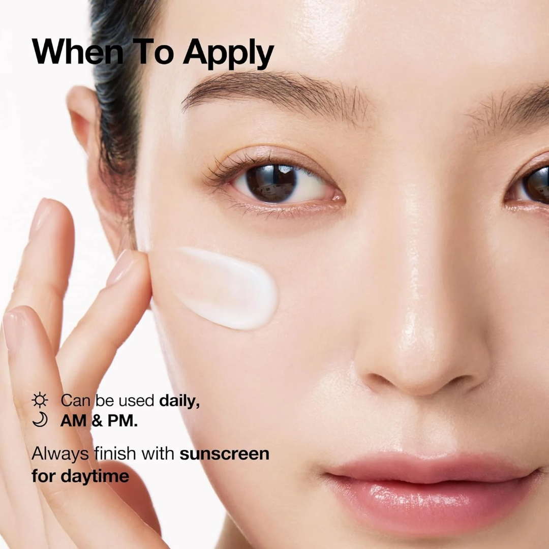Close-up of a woman applying Anua PDRN Hyaluronic Adic 100 Moisturiser to their face with text about how to apply the product.
