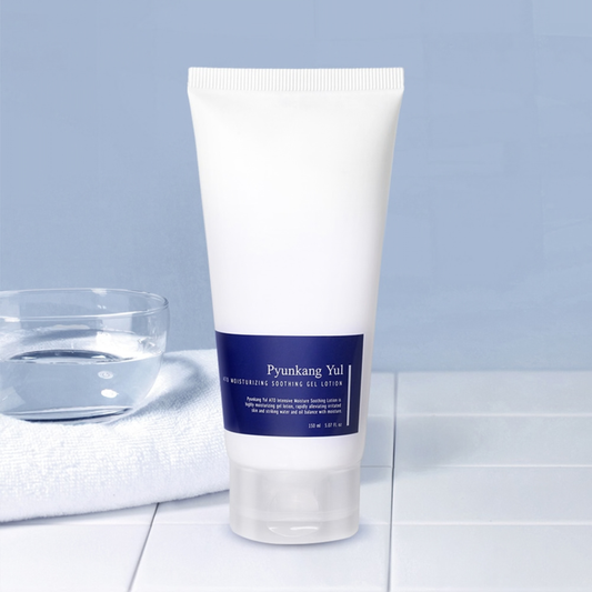 Tube of Pyunkang Yul ATO Moisturising Soothing Gel Lotion on a light blue background