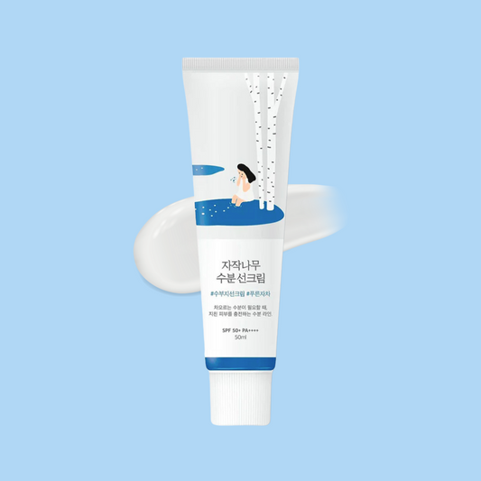 ROUND LAB Birch Juice Moisturizing Sunscreen SPF 50+ PA++++ on a light blue background