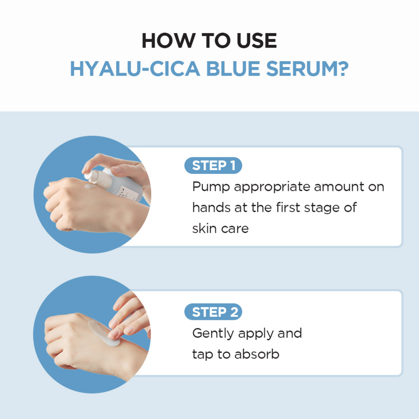 SKIN1004 Hyalu-Cica Blue Serum usage instructions with pictures showing how it should be applied