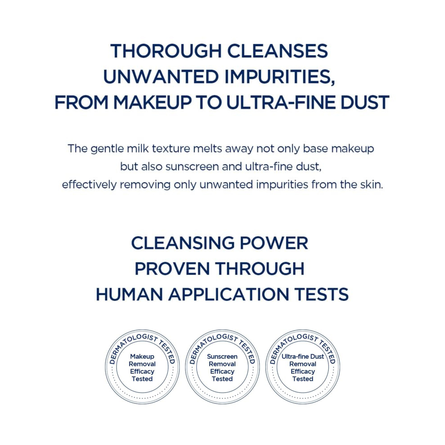 Text describing the cleansing properties of SKIN1004 Hyalu-Cica Blue Gentle Cleansing Milk with three dermatologist-tested logos.