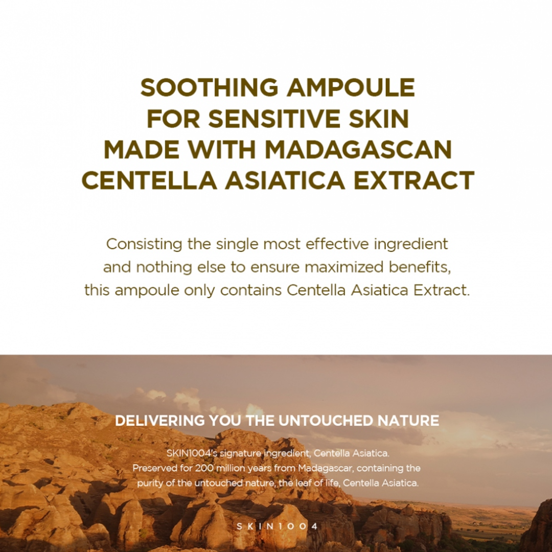 Soothing SKIN1004 Madagascar Centella Ampoule text about Madagascan Centella Asiatica extract, set against a scenic background.