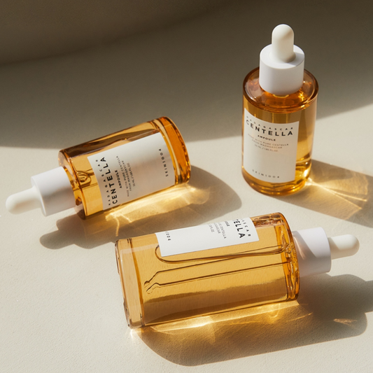 Three bottles of SKIN1004 Madagascar Centella Ampoule on a light background