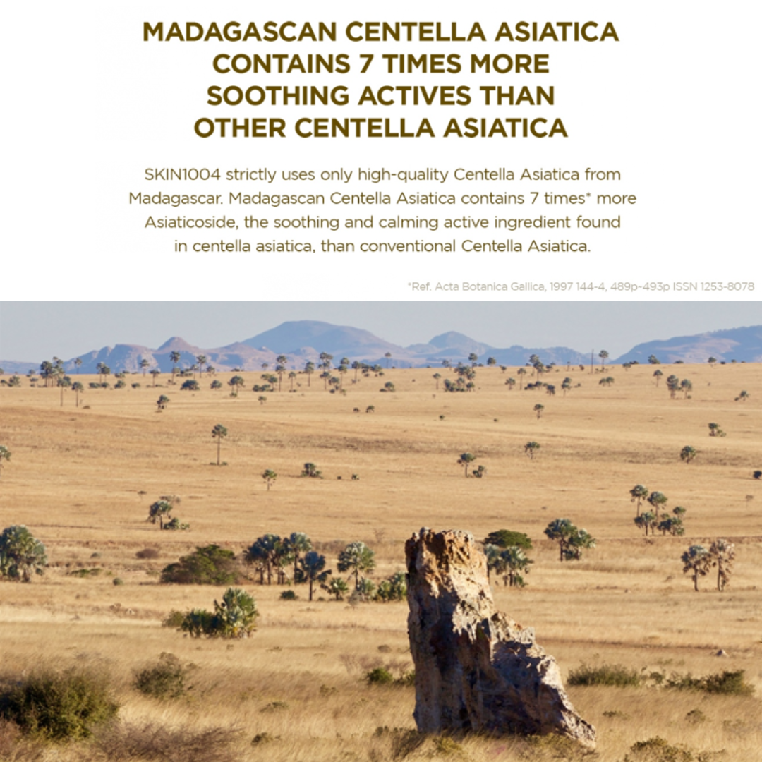 Scenic landscape with mountains and trees, featuring text about Madagascan Centella Asiatica.