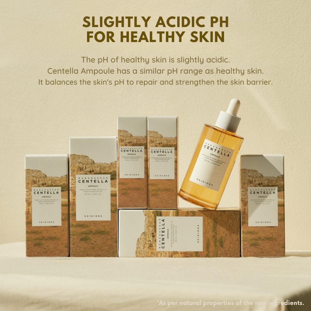 Centella Ampoule skincare products with text about slightly acidic pH for healthy skin on a beige background.
